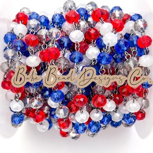 Red, white, blue gunmetal beaded rosary chain 8mm crystal rondelle beads, 1 foot.