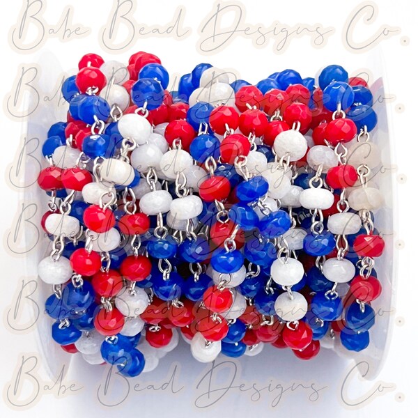 Red, white, blue *double pattern*, silver chain, 8mm JADE coin cut beads, 1 foot. Fourth of July rosary. 4th of July.