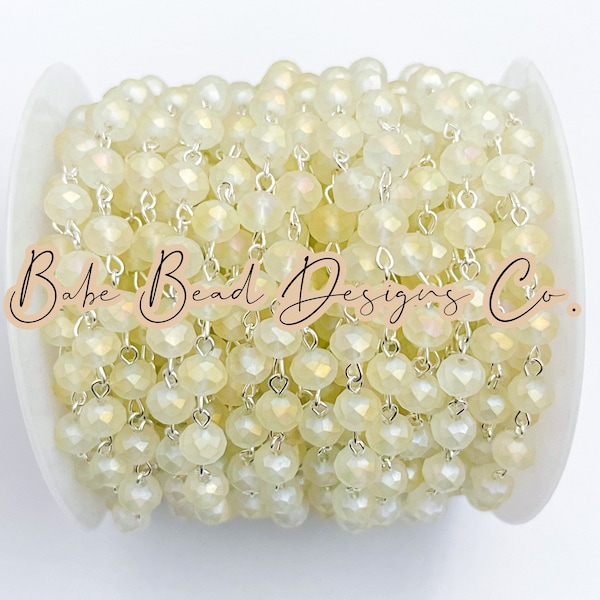 Matte pale yellow AB silver beaded rosary chain, rosary chain, 8mm crystal rondelle beads, 1 foot. Spring Rosary