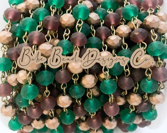 red, green, bronze, matte rosary chain, beaded rosary chain, rosary chain, 8mm crystal rondelle beads, 1 foot.