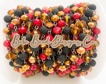 Red, garnet, amber, yellow, black, matte black gold, gunmetal, beaded rosary chain, rosary chain, 8mm crystal rondelle beads, 1 foot.