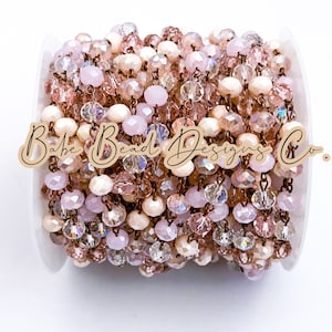 Pale coral, pink AB, clear AB, cream antique copper beaded rosary chain, rosary chain, 8mm crystal rondelle beads, 1 foot.