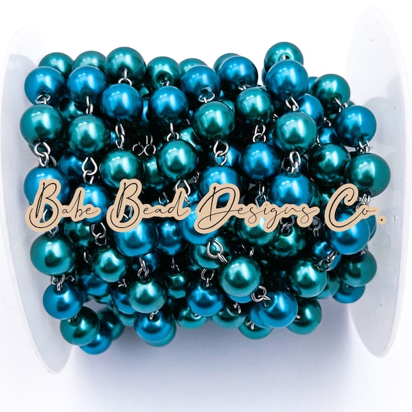 Blue pearl, teal pearl, gunmetal rosary chain, 10mm crystal rondelle beads, 1 foot.