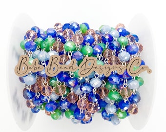 Blue, green, gray, coral, beaded rosary chain, silver chain. 8mm crystal rondelle beads, 1 foot.