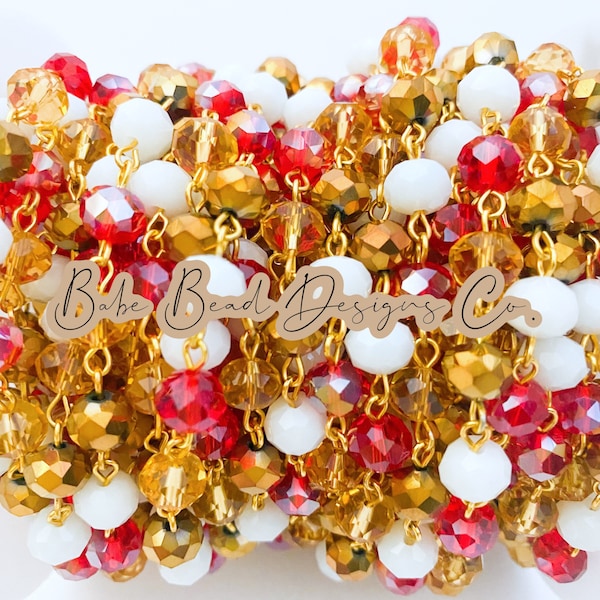 Cream, white, red, red AB gold beaded rosary chain, rosary chain, 8mm crystal rondelle beads, 1 foot.