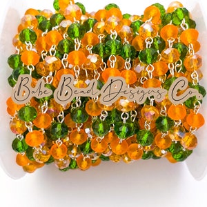 Green, orange, matte orange beaded rosary chain, 8mm crystal rondelle beads, 1 foot. Spring rosary chain. Halloween rosary chain