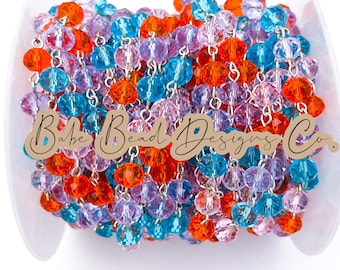 Bright orange, pink, blue, purple beaded rosary chain, 8mm crystal rondelle beads, 1 foot. Fall rosary