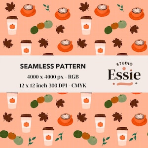 Pumpkin Spice Latte Seamless Pattern Autumn Coffee Wallpaper Fall Pumpkins Leaves Digital Paper Fabric Print Cozy Wall Art JPG Scrapbooking