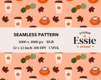 Naadloos patroon Pumpkin Spice Latte: herfstkoffie, pompoenen, bladeren (digitaal papier)