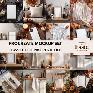 May include: A collage of mockups featuring fall-themed decor. Includes pumpkins, candles, blank frames, a white t-shirt, a sweater, a phone, and a tote bag. The text reads "Procreate Mockup Set" and "Easy to Edit Procreate File."