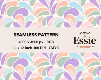 Op de afbeelding: Een naadloos patroonontwerp met abstracte bloemvormen in pastelkleuren. Het ontwerp bevat vormen in tinten roze, perzik, groen, blauw en paars op een crèmekleurige achtergrond. De tekst "SEAMLESS PATTERN" wordt weergegeven.