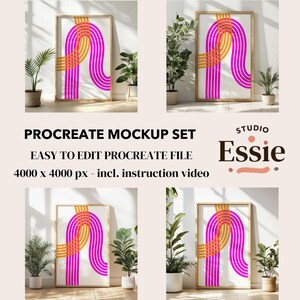 May include: Four framed art prints with a contemporary abstract design. Each print displays a white backdrop with a pattern of pink and orange curved lines. The text "PROCREATE MOCKUP SET" and "STUDIO Essie" is also visible.