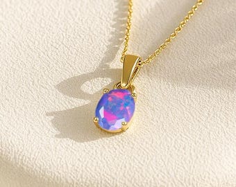 Lavendel Opal Oval Edelstein Anhänger Halskette, Natürliche Opal Edelstein Silber Halskette, Oktober Geburtsstein, Zarter Schmuck, Geschenk für Sie