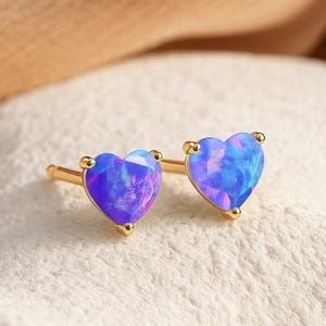 Multifire Lavender Opal Heart Gemstone Stud Earring, Ethiopian Opal Gemstone Gold Earring, October Birthstone Jewelry, Gift for Her