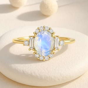 Natural Rainbow Moonstone Engagement Ring, Genuine White Rainbow Gemstone Gold Ring, June Birthstone Ring, Moonstone Engagement Jewelry Gift