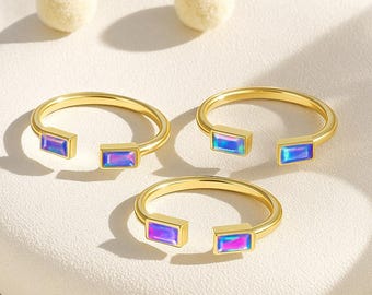 Bague empilable avec pierres précieuses baguette opale lavande, opale de feu naturelle, bague en or avec pierres précieuses, bague opale avec pierre de naissance, bijoux délicats, cadeau pour elle