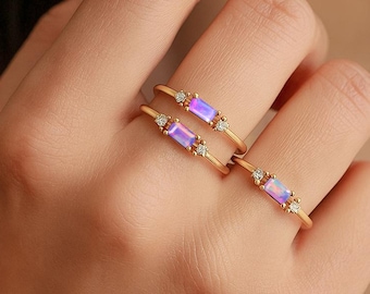 Genuine Lavender Opal Gemstone Stackable Ring, Ethiopian Opal Gemstone Gold Ring, Opal Handmade Jewelry, October Birthstone, Gift for Her
