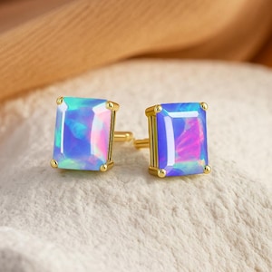 Ethiopian Lavender Opal Octagon Gemstone Stud Earring, Natural Fire Opal Gemstone Gold Earring, Opal Birthstone, Handmade Jewelry Gift