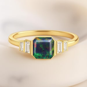 AAA Black Opal Octagon Gemstone Statement Ring, Genuine Opal Gemstone Gold Ring, October Birthstone, Opal Statement Jewelry, Gift for Her