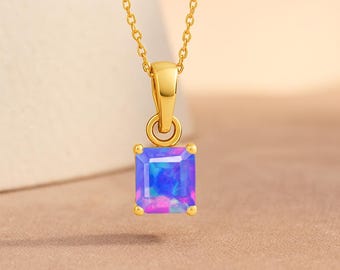 Fire Lavender Opal Square Gemstone Pendant Necklace, Ethiopian Opal Gemstone Gold Necklace, Opal Birthstone, Handmade Jewelry, Gift for Mom