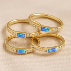 Blue Fire Opal Gemstone Stackable Ring, Ethiopian Opal Gemstone Gold Ring, October Birthstone Ring, Opal Handmade Jewelry, Gift for Her