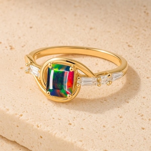 Fire Black Opal Octagon Gemstone Statement Ring, Natural Fire Opal Gemstone Gold Ring, Opal Birthstone Ring, Opal Handmade Jewelry Gift
