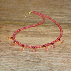 Red Opal Beaded Necklace with Ruby Dangle, 18K Gold Filled or Sterling Silver, Handmade Gemstone Jewelry, Boho Birthday Gift for Women