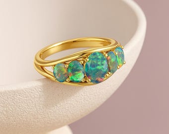 Fire Black Opal Gemstone Statement Ring, Multifire Opal Gemstone Gold Ring for Women, Handmade Jewelry, October Birthstone, Gift for Her