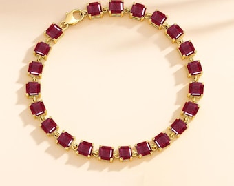 Natürliches rotes Rubin Achteck-Tennis-Armband, Rubin-Edelstein 925er Silberarmband, handgemachtes Armband, Juli Birthstone Schmuck, Geschenk für sie