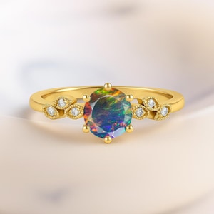 Natural Black Opal Round Gemstone Statement Ring, Multifire Opal Gemstone Gold Ring, Opal Birthstone Ring, Opal Handmade Jewelry Gift