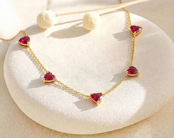 Heart Cut Natural Ruby Station Necklace for Women, Dainty Gold Chain Necklace, July Birthstone Necklace, Bridal Jewelry Gift