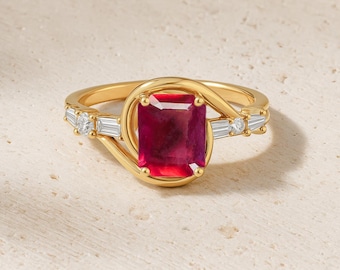 Bague tendance avec pierres précieuses octogonales rubis rouges, bague en or avec pierres précieuses rubis naturels, bague avec pierre de naissance rubis, bijoux faits main en rubis, cadeau pour elle