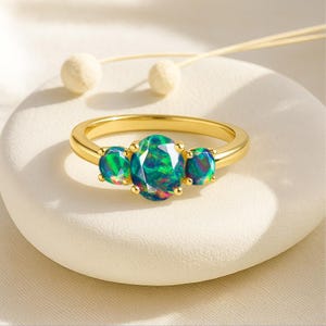 Fire Black Opal Three Gemstone Statement Ring, Natural Opal Gemstone Gold Ring, Opal Birthstone Ring, Opal Statement Jewelry, Gift for Her