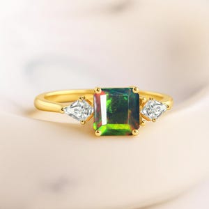 Black Opal Octagon Gemstone Statement Ring, AAA Natural Opal Gemstone Gold Ring, October Birthstone, Opal Statement Jewelry, Gift for Her