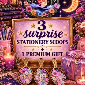 May include: A promotional sign reading 3 surprise stationery scoops and 1 premium gift, surrounded by purple and gold celestial-themed stationery items, three ornate metal scoops filled with small charms, candles, and a gift box with a bow.