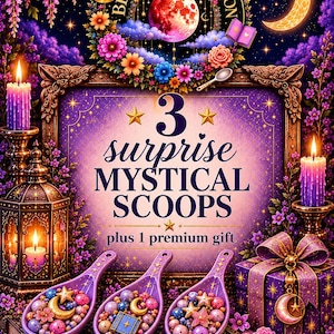 May include: A purple-themed display featuring the text 3 surprise MYSTICAL SCOOPS plus 1 premium gift. Three purple scoops filled with small beads, stars, and charms sit on a book. The scene includes lit candles, a lantern, and a gift box.