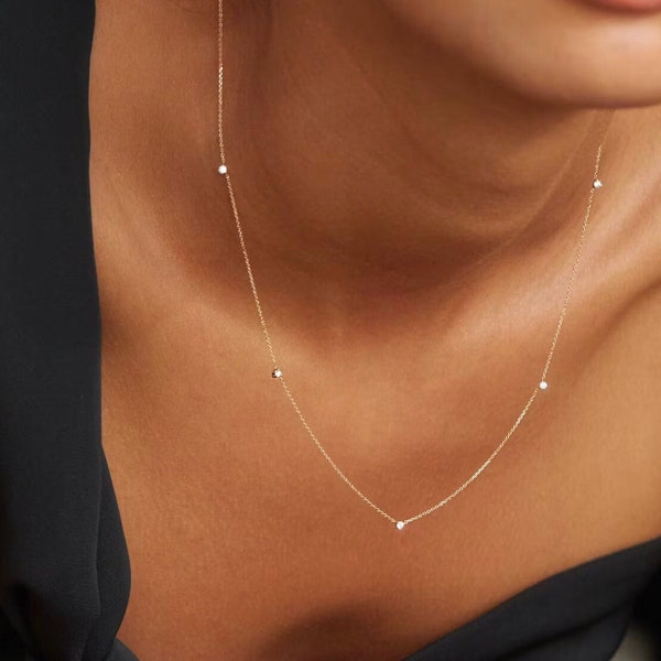 14k Gold Diamant Station Halskette, Diamant Kette Halskette, Diamant Kette Choker, Minimalist Gold Halskette