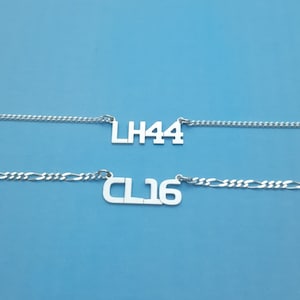 Silver Formula 1 Driver Name and Number Necklace, Silver F1 Necklace, F1, Lewis Hamilton 44, Charles Leclerc 16, Max Verstappe 1n