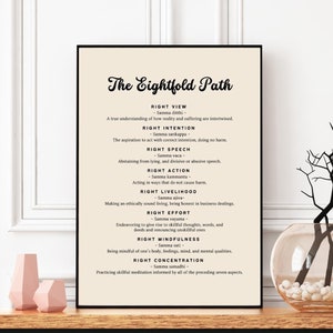 May include: A black and white printable poster with the text "The Eightfold Path" and a list of the eight steps: Right View, Right Intention, Right Speech, Right Action, Right Livelihood, Right Effort, Right Mindfulness, and Right Concentration.