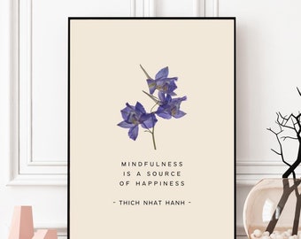 Stampa Thich Nhat Hanh, Citazione sulla consapevolezza stampabile, Arte della parete della felicità, Decorazione spirituale per la casa
