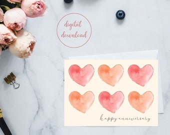Happy Anniversary Card with Watercolor Hearts, Romantic Greeting Card