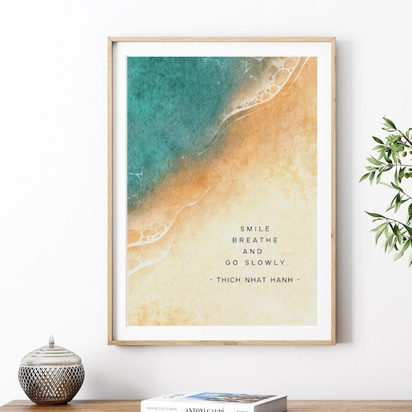 Thich Nhat Hanh Quote Print, Smile Breathe Go Slowly, Printable Wall Art, Meditation Wall Decor, Digital Download