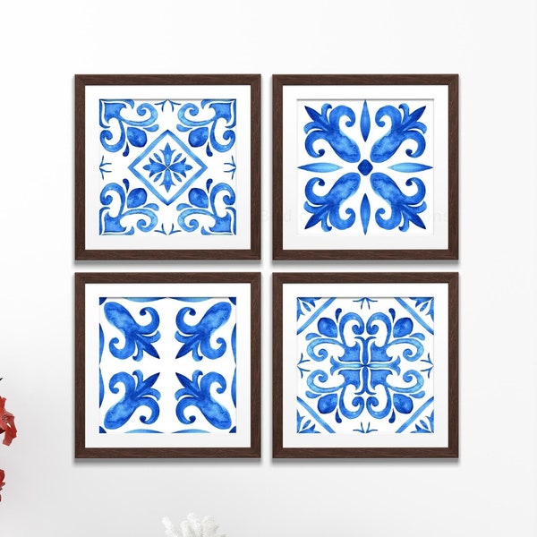 Blue Tile Print, Bleu Blanc Set of 4 Wall Decor, Printable Vintage Kitchen Decor, Boho Square Posters