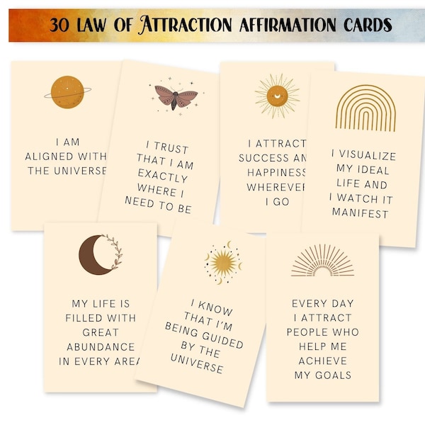 Law of Attraction Affirmation Card Prints, 30 Daily Boho Affirmations, Spiritual Manifestation Cards, Positive Affirmation Cards