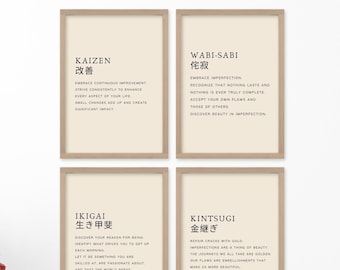 Japanese Words Art Print Set: Ikigai, Wabi Sabi, Kaizen, Kintsugi (Digital Download)