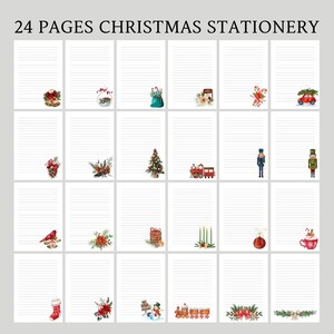 Może przedstawiać: Zestaw 24 stron papieru listowego w linie z bożonarodzeniowymi ilustracjami akwarelowymi. Każda strona zawiera inny świąteczny wzór, w tym ozdoby, choinkę i czerwony samochód z drzewkiem. U góry znajduje się tekst "24 PAGES CHRISTMAS STATIONERY".