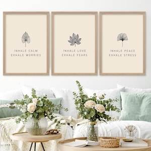 Inhale Exhale Print, Yoga Printable Set of 3 Wall Art, Calming Bedroom Poster, Meditation Digital Wall Decor
