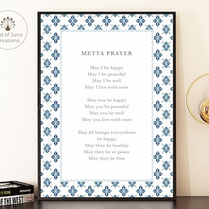 Metta Prayer Print, Printable Loving Kindness Meditation Wall Art, Buddhism Poster, Calming Wall Decor