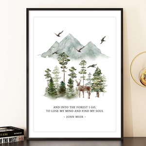John Muir Zitat druckbare Wandkunst, in den Wald gehe ich, Aquarell Wald Illustration Dekor, druckbare JMT Poster