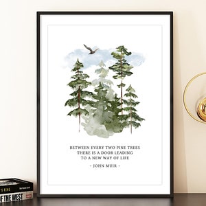John Muir Quote Printable Wall Art, Between every two pine trees, Watercolor Forest Illustration